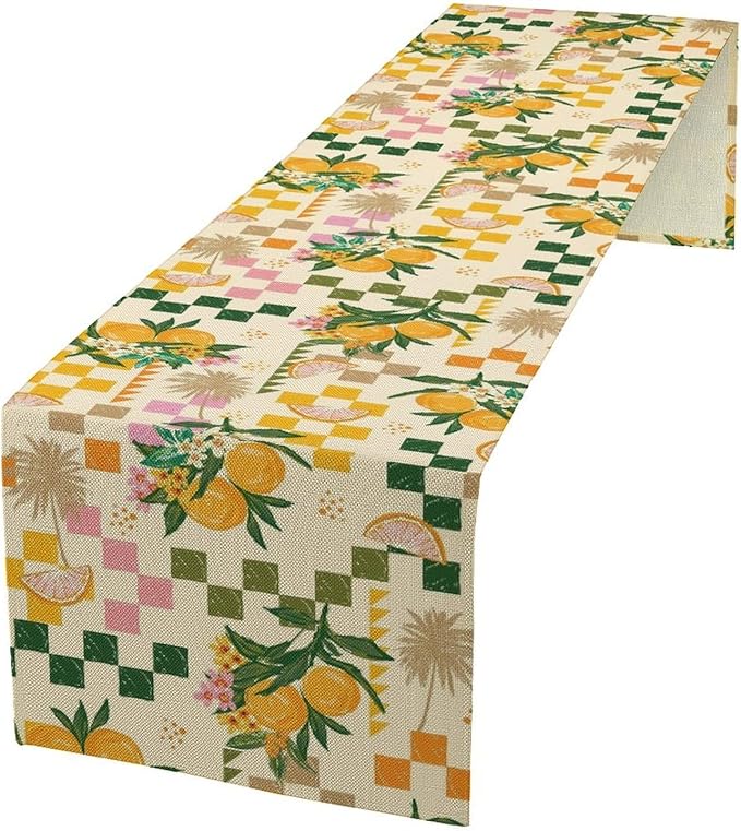 Tropical Summer Fruit Table Runner, Orange Square Grid Lemon Beach Ocean Table Runner for Kitchen Dining Party Holiday Home 13x70in