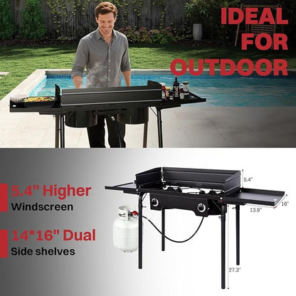 2 Burner Propane Camp Stove | 150,000 BTU Gas Burners | Side Shelves | Windscreen | Waterproof Cover | Detachable Legs | Ideal for Camping Backyard Outdoor Cooking