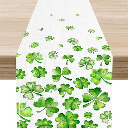 St.Patrick's Day Table Runner,Rustic Green Clover Seasonal Leaves White Green Table Center Decor for Family Kitchen and Living Room Outdoor Farmhouse Party Table Decorations, 13"x108"