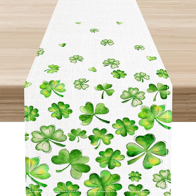 St.Patrick's Day Table Runner,Rustic Green Clover Seasonal Leaves White Green Table Center Decor for Family Kitchen and Living Room Outdoor Farmhouse Party Table Decorations, 13"x72"