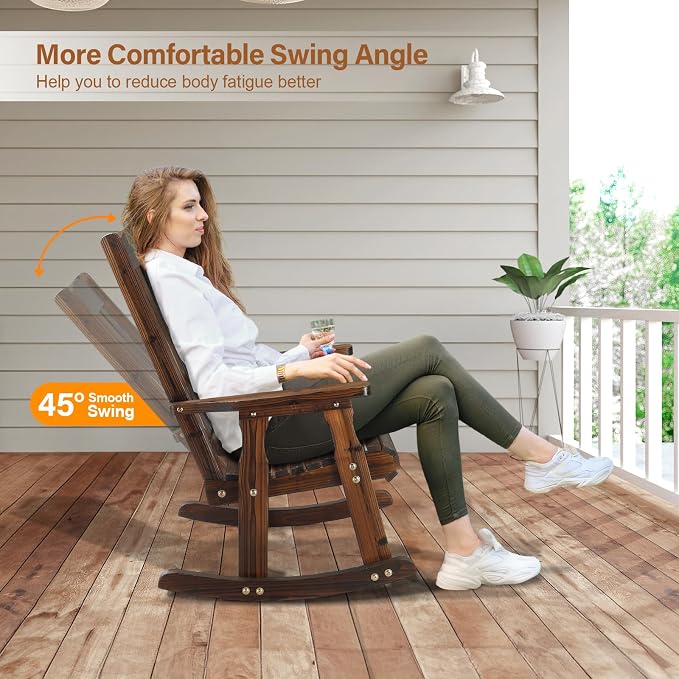 VINGLI Outdoor Rocking Chair, Heavy Duty 600 LBS Wooden Rocker, Rustic | High & - Image 4