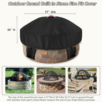Outdoor Round Built in Stone Fire Pit Cover,Heavy Duty 600D Waterproof Cover for 50In-57In Fire Pit with Spark Screen,All-Weather Protection Round Fire Pit Cover for In Ground Brick Fire Pit,Black