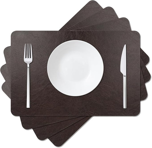 Cowhide Pattern Faux Leather Placemats Set of 4,Heat Resistant Non-Slip Waterproof Wipeable Washable Kitchen Dining PU Table Place Mats,Double-Sides Available,Black Brown