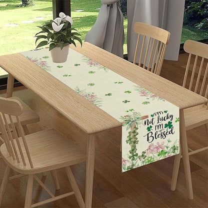 Cross Clover Table Runner,Rustic Beige Pink Floral Green Shamrock St.Patrick's Day Table Center Decor for Home Kitchen Dining Patio Holiday Party Indoor Decorations, 13"x108"
