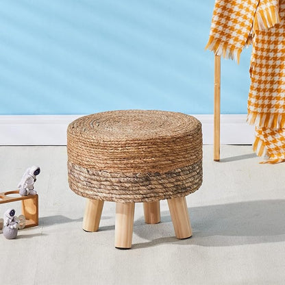Wimarsbon Round Foot Stool Natural Seagrass Poufs Ottoman Hand Weave Footrest Stool for Couch Desk Extra Seat Step Stool with Solid Wood Legs for Hallway Patio Lounge Brown