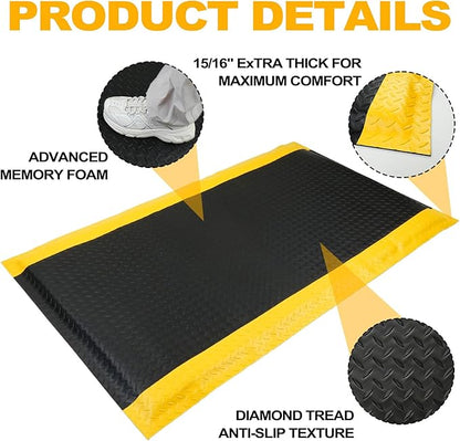 3 x 5 FT Industrial Anti Fatigue Mats, 15/16 Inch Thick Soft Sponge Ergonomic Mat, Nonslip Diamond Plate Work Mat, for Relieving Soreness in The Back and Legs