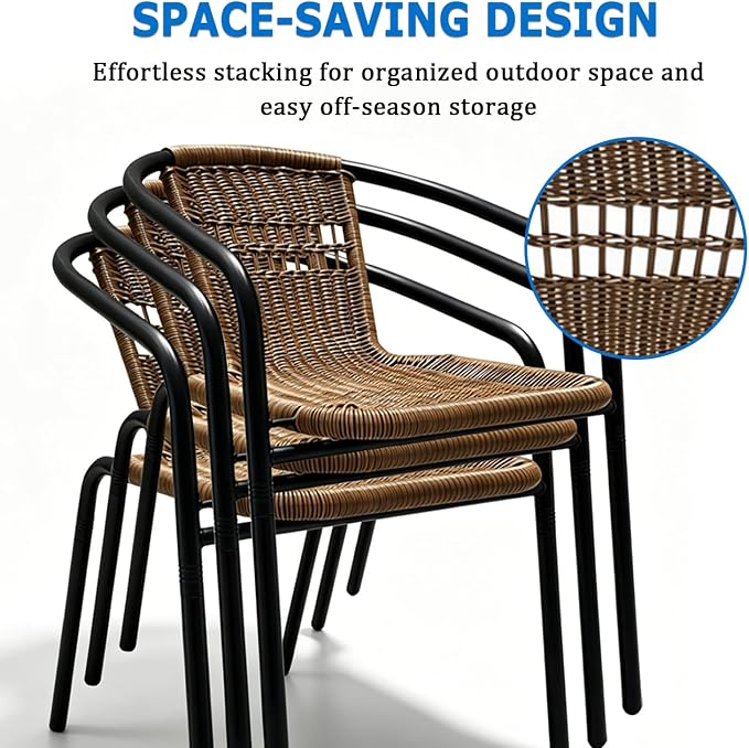 4 Pack Brown Stackable Outdoor Rattan Chairs, All-Weather Patio Seating - Image 5