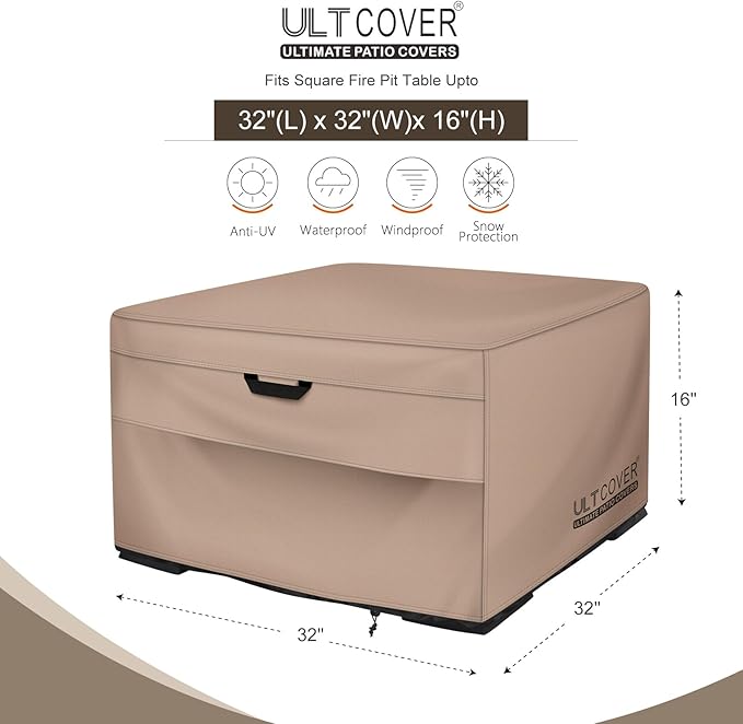 ULTCOVER Patio Fire Pit Table Cover Square 32 inch Outdoor Waterproof Fire Bowl Cover