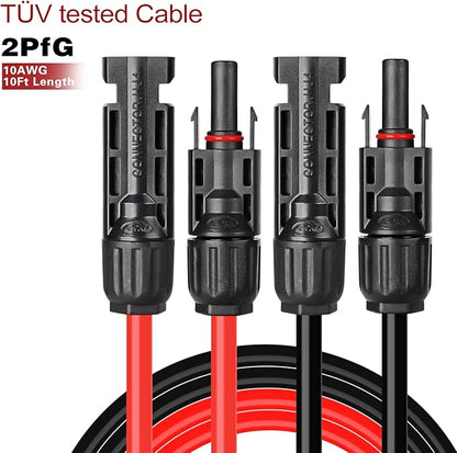 Solar Cables 10AWG Solar Panel Extension Cable,6mm² Solar Cable Wire with 1 Pair 10 Feet Black + 10 Feet Red Weatherproof Tinned Copper Extension Cable Wire Adapter Kit
