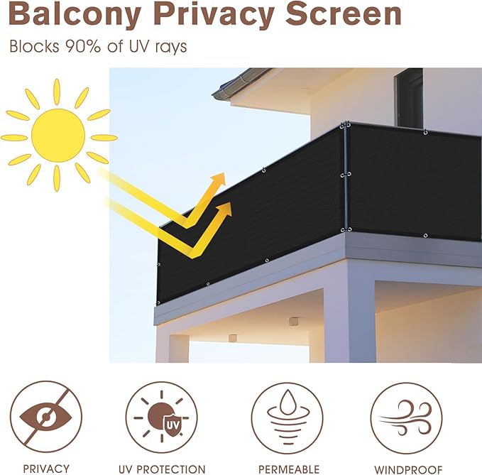 Sunny Guard Customized 3'x19' Black Balcony Privacy Screen,90% Shade Apartments Fence Cover,Heavy Duty Mesh Windscreen for Deck,Outdoor,Backyard,Patio
