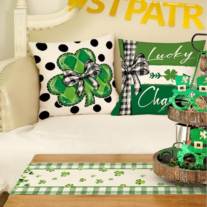 GEEORY St. Patrick's Day Table Runner 13 x 90 Inch, Shamrocks Plaid Mason Jar Decorative Holiday Table Decoration for Kitchen Dinning, Indoor Outdoor Dinner Party Décor GT142-90