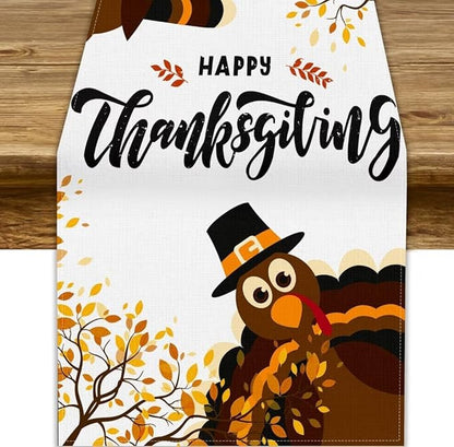 Thanksgiving Turkey Table Runner, Cartoon Turkey Autumn Branch Yellow Leaves Fall Harvest Kitchen Dining Table Decoration for Indoor Outdoor Farmhouse Home Party Decor, 13x90inch