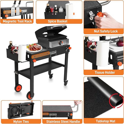 Rolling Grill Cart with Spice Rack, Blackstone Stand for 17"& 22" Griddle, Grill Stand with Storage Shelf, Griddle Table for Ninja, Weber, Portable Grills Table for Patio, Backyard, Camping