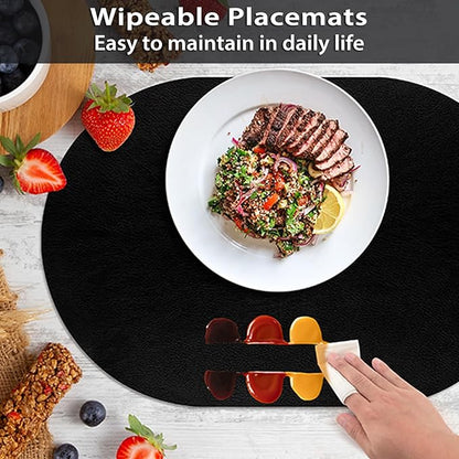 ADRIMER Placemats, Heat Resistant Oval Placemats Set of 12 Washable 12 x 17 Inch, Waterproof Table Mats, Wipeable Pu Place Mats for Kitchen, Dining Room, Black