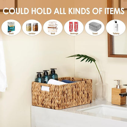 Wicker Baskets 2 Pack, Water Hyacinth Wicker Storage Basket with Handles, Large Rectangular Wickers Baskets for Organizing, Natural