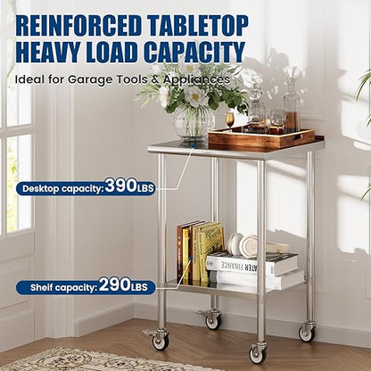 Stainless Steel Work Table with Wheels, 24x24 Inch NSF Food Prep Worktable with Backsplash & Adjustable Undershelf for Commercial Kitchen, Restaurant, Garage, Outdoor BBQ