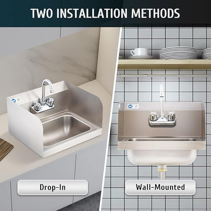 WILPREP Commercial Hand Sink, NSF Stainless Steel Sink Commercial Utility Sink with Gooseneck Faucet and Strainer, 17x15 Inch Wall Mount Kitchen Sink for Restaurant Bar RV Bathroom Laundry Room