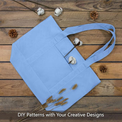 TOPDesign 3-Pack Canvas Tote Bags with an External Pocket, Reusable Grocery Shopping Bags, Top Zipper Closure, Daily Essentials (Light Blue)