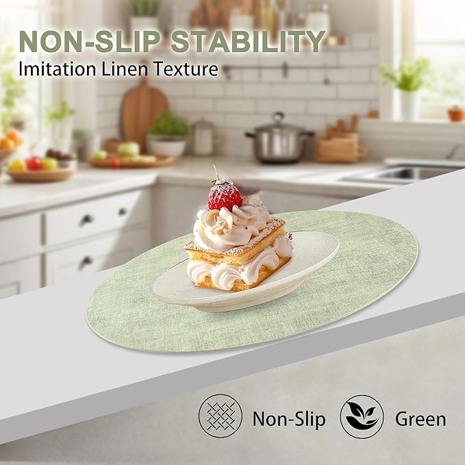 Round Faux Leather Placemats and Coasters, Set of 6, Reversible Heat Resistant Non-Slip Table Mats, Waterproof Wipeable Place Mats for Dining Table, Washable for Indoor & Outdoor (6, Light Green)