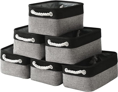 TheWarmHome Storage Basket for Organizing - 12x8x5.2 inch Small 6 Pack Collapsible Storage Bin for Shelves with Rope, Fabric Storage Cubes for Cloth Gift Toy Decorative Organizer (Black & Grey)