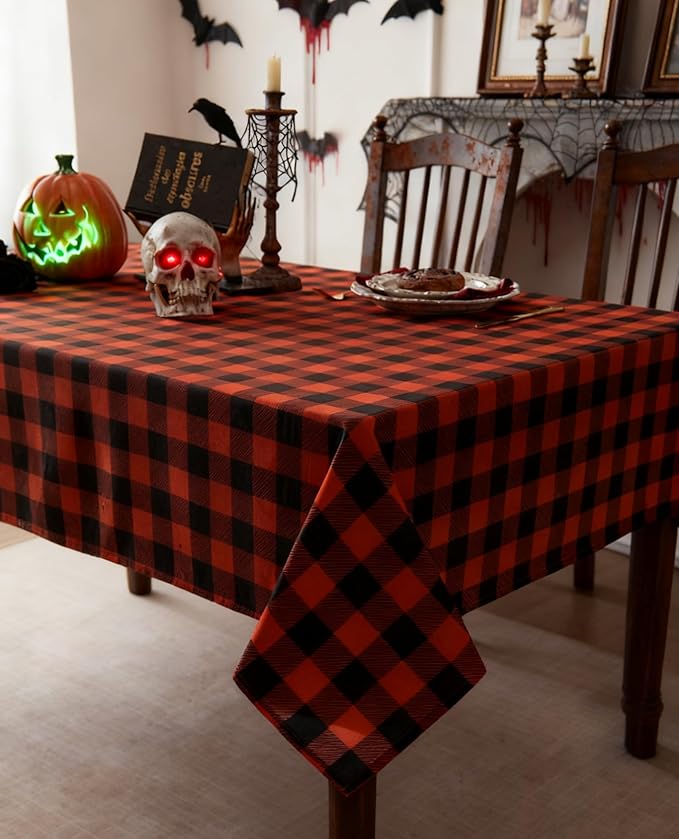 Classic Orange Gingham Buffalo Tablecloth Fabric - Oblong 58x144 Inch Water Proof Checkered Table Cloth for Indoor Outdoor - Farmhouse Table Cover for Halloween Party, Picnics, and Parties