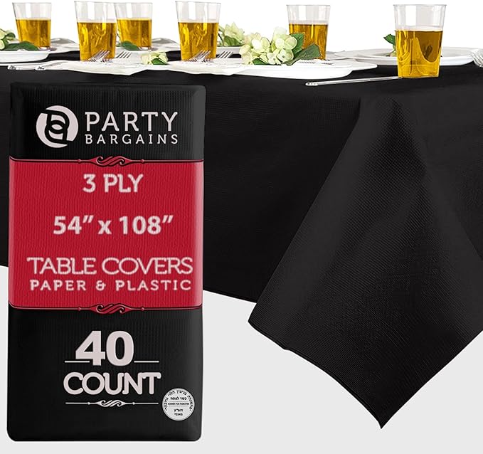 PARTY BARGAINS 40 Disposable Table Covers - 54" X 108" Black Table Cover, 3 Ply Paper & Plastic Tablecloth
