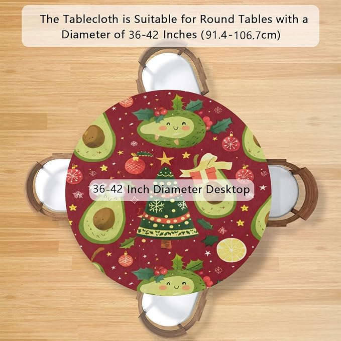 Christmas Tree Avocado Green Round Table Cloth Cover, Elastic Edge Waterproof Wipeable Tablecloths 36"-42" Polyester Tablecloth for Party Restaurant Banquet Holiday Camping Outdoor Picnic