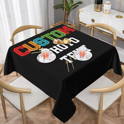 Custom Square Tablecloth, Design Your Logo Text Photo, Personalized Oil Proof Wipeable Table Cover for Restaurant, Family Party, Picnic, Wedding Anniversary Decoration, 60in