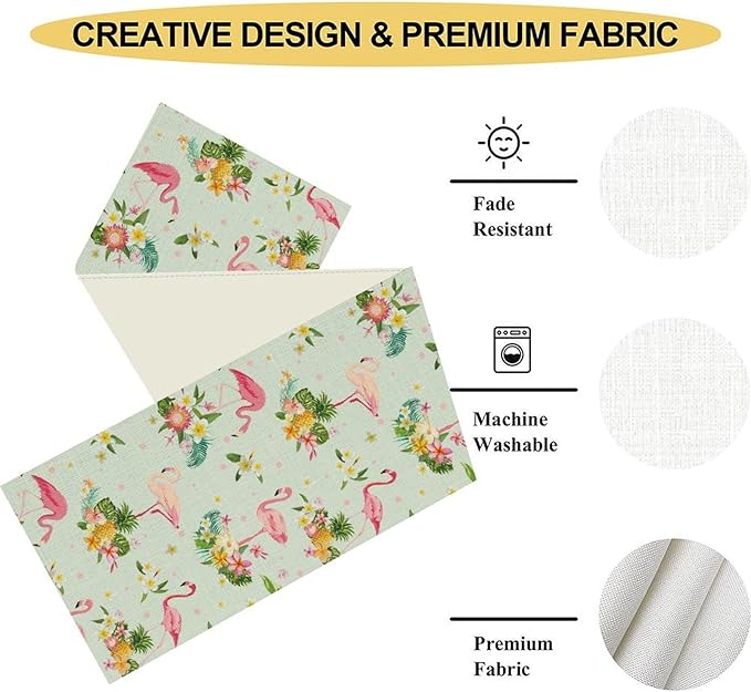 Tropical Flamingo Table Runner,Spring Summer Floral Dots Pineapples Hawaiian Luau Table Center Decor for Family Kitchen and Living Room Outdoor Farmhouse Party Table Decorations, 13"x90"