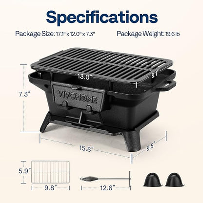 VIVOHOME Rectangle Cast Iron Charcoal Grill with Double-Sided Grate, Portable Outdoor BBQ Grill, Compact Tabletop Grill Stove (Note: The charcoal grid is made of stainless steel, not cast iron)