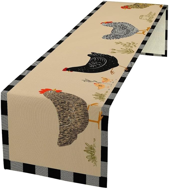 Farmhouse Roosters Chickens Table Runners, Black White Buffalo Plaid Vintage Rustic Animal Table Runner for Wedding Coffee Dining Table Party Home 13x108in