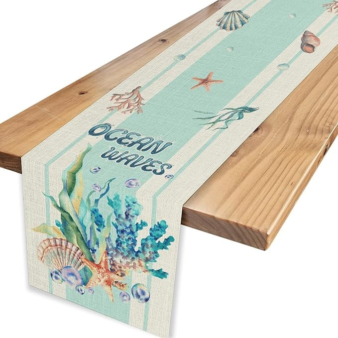 Nautical Coastal Table Runners, Blue Starfish Seashell Coral Summer Watercolor Undersea Ocean Waves Beach Table Center Decor for Holiday Party Kitchen Outdoor Farmhouse Table Decorations, 13" X 108"