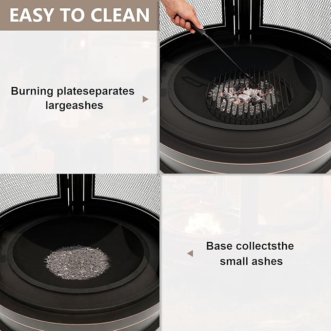 ALAULM Metal Chiminea Fire Pit with Grill, 2 in 1 Firepit with Adjustable Grill Tray & Mesh Spark Screen Door, 3-Door Multi-Access Fireplace for Patio, Garden & Backyard