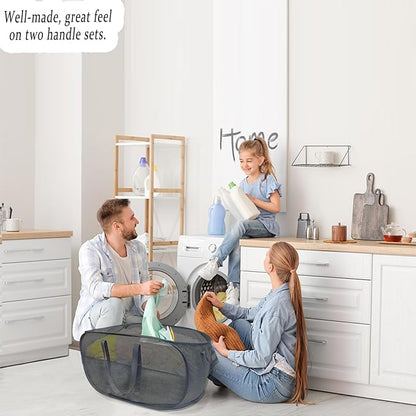 Extra Large Mesh Pop Up Laundry Hamper 2 Pack,100L Collapsible Laundry Baskets, Dirty Clothes Hamper with Reinforced Handles, Folding Hampers for Travel, Nursery, Dorm or Home. Black