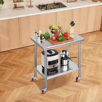 Vevor Mophorn Stainless Steel Work Table 36x24 Inch with 4 Wheels, Casters Heavy Duty Food Prep Worktable for Commercial Kitchen Restaurant, Silver