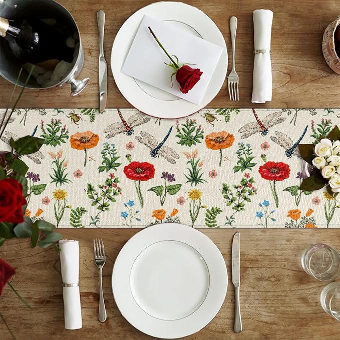 Flowers Dragonflies Table Runner Kitchen Dining Table Runner 13*72in Table Center Decor for Indoor Outdoor Home Holiday Party