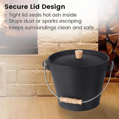 GameXcel Ash Bucket with Lid and Shovel Hand Broom - 1.5 Gallon Galvanized Iron Metal Fireplace Tools Ash Pail for Fire Places Fire Pits Wood Burning Stoves Hearth Accessories Indoor Outdoor, Black