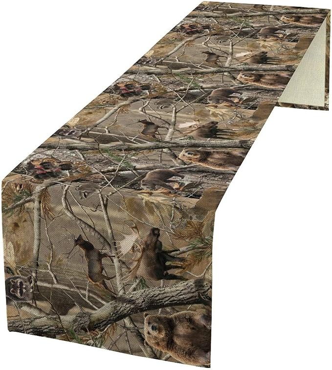 Forest Camouflage Table Runner, Camo Rustic Wildlife Animal Hunting Deer Elk Bird Bear Table Runner for Party Kitchen Dining Banquet 13x108in