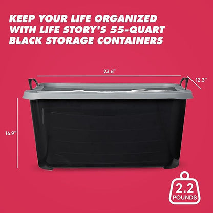 Life Story 6 Pack Heavy Duty Stackable Storage Bin, 55 Quart Home Organizer, Versatile Lightweight Locking Bins with Carrying Handles, Black/Gray