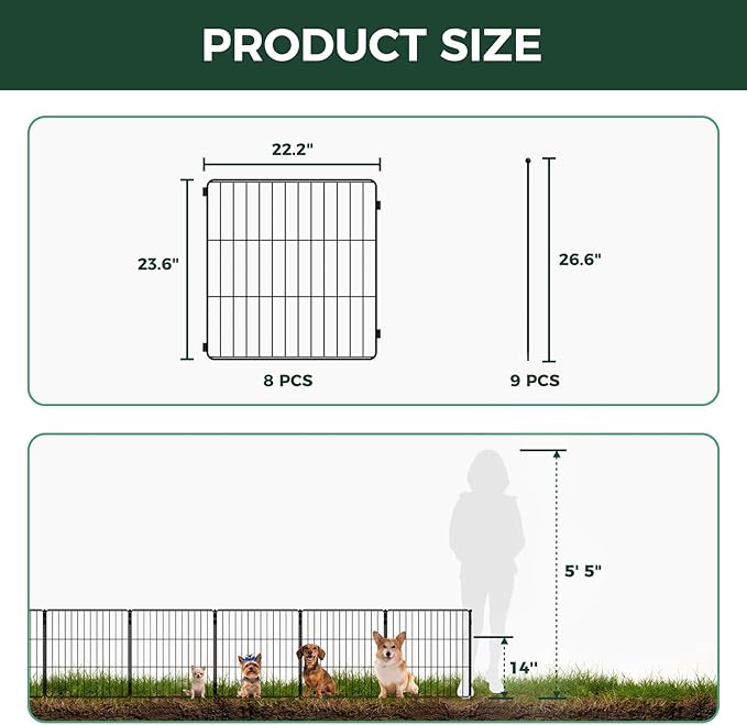 FXW Decorative Garden Fence for Yard - 24in(H) x 14.8ft(L) 8 Panels - Metal Fencing Panels - Animal Barrier Border for Dogs & Rabbits, Flower & Plant Edging