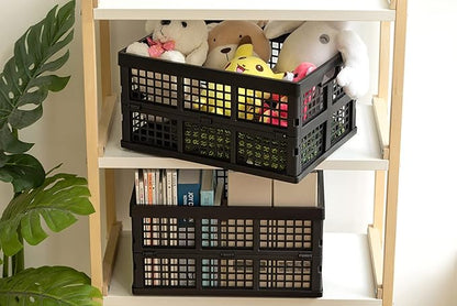 34L Large Plastic Folding Storage Crates,Collapsible Crates for Storage,Pack of 3 (Black)