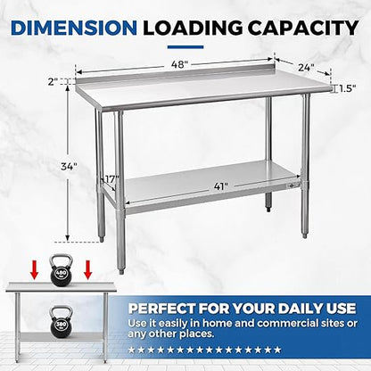 Profeeshaw Stainless Steel Prep Table NSF Commercial Work Table with Backsplash and Undershelf for Kitchen Restaurant 48x24 Inch