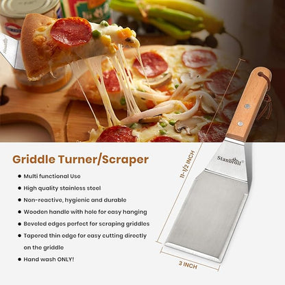 Stanbroil Large Metal Griddle Spatula Set with Long Flat Spatulas and Cast Iron Grill Press for Flat Tops, Griddles, Grills, Ovens and Stoves,Set of 4
