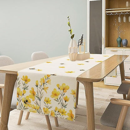 Yellow Wild Flowers Table Runner, Rustic Farmhouse Watercolor Daisy Floral Branches Bees Print Table Runner for Kitchen Dining Room Party Picnic Table Decor, 13x60inch