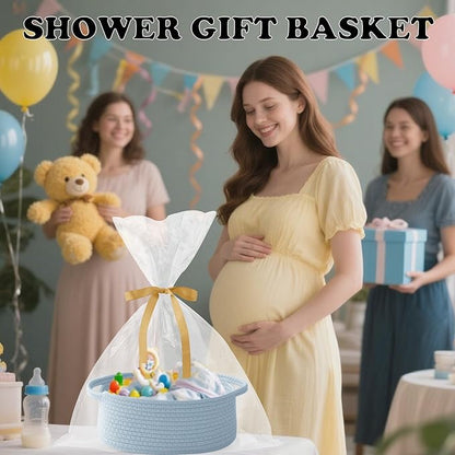 Gift Basket with Gift Bag and Ribbons,Small Rope Woven Shelf Storage,Baskets for Gifts Empty,Birthday,Baby Shower,Decorative Organizer Box with Handles(Blue)