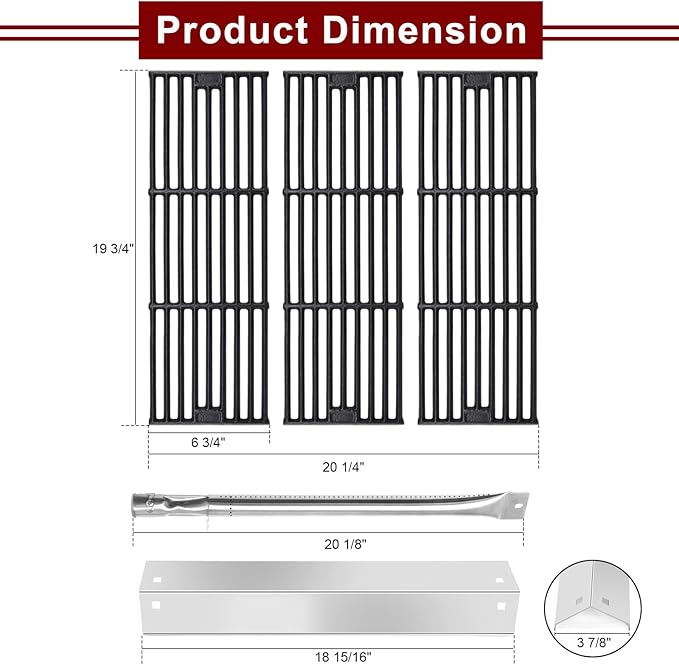Hiorucet Grill Replacement Parts for Chargriller 5650, 5050, 3001, 5072, 3030, 3008, 4000, 5252, King-Griller 3008 5252 Gas Grills, Cast Iron Cooking Grates, Stainless Steel Heat Plates and Burner