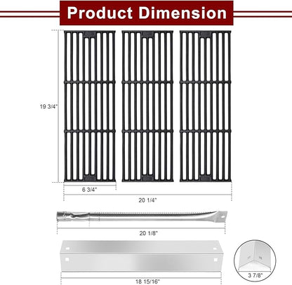 Hiorucet Grill Replacement Parts for Chargriller 5650, 5050, 3001, 5072, 3030, 3008, 4000, 5252, King-Griller 3008 5252 Gas Grills, Cast Iron Cooking Grates, Stainless Steel Heat Plates and Burner