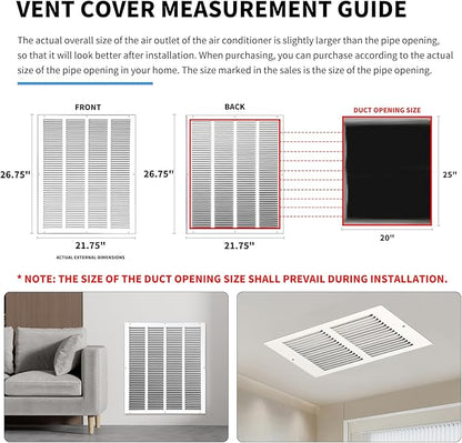 20x25 Air Return Grille(Duct Opening Size),Air Return Vent Cover,Flat Vent Cover,Rejillas De Aire Acondicionado para Casa,Return Air Grilles,Outer Dimensions:21.75"Wx26.75"H(20"Wx25"H, Duct Opening)