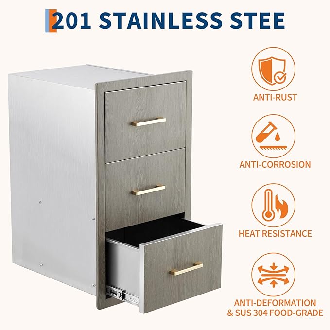 Stainless Steel Outdoor Kitchen Triple Drawers 16" W x 20.5" D x 28.5" H - Heavy Duty with Handles, Weather-Resistant Flush Mount for BBQ Island, Patio Grill & Outdoor Cooking Space