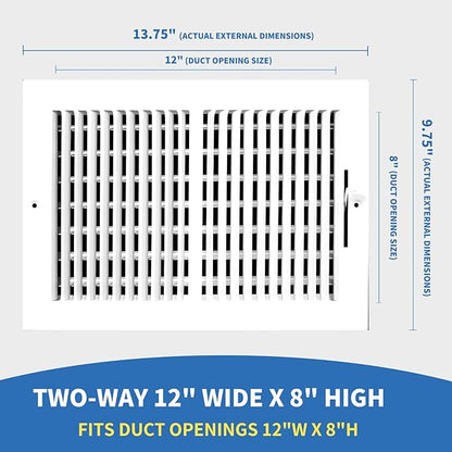 12x8 Vent Register [Duct Opening], Vent Covers for Home Ceiling, Two-Way Ventilation Register, Adjustable Solid Steel Wall Register Vent Cover (12"W x 8"H [Duct Opening])
